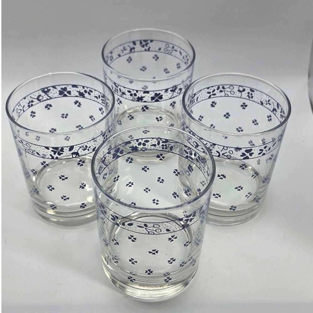 Nikko Dena Forget-Me-Not Double Old Fashioned Glasses Blue Floral Set of 4 14oz